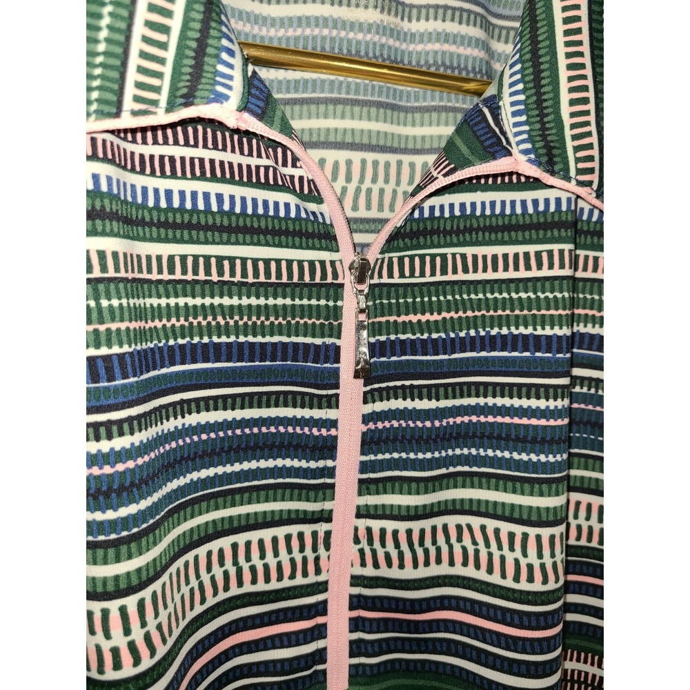Jofit 1/2 Zip Stretchy Top Women Lg Short Sleeve Multi Color Stripe